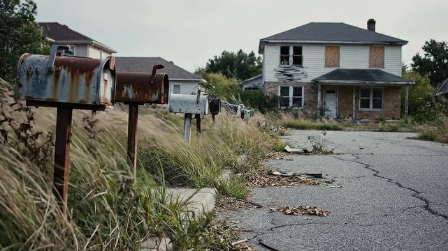 Dilapidated Abandoned Houses and Rusted Mailboxes in Overgrown Suburban Street Under Overcast Sky