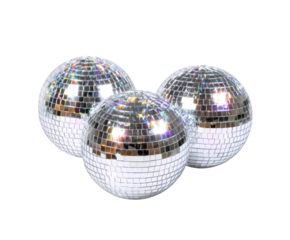 Three shiny silver disco balls with reflective mirror facets sparkle with colorful light reflections in a festive party composition for a nightclub or celebration event