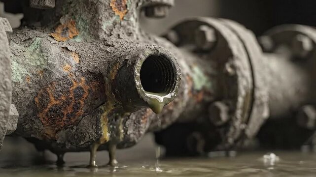 Dilapidated industrial pipe system with rusty corrosion and dripping murky liquid in dim lighting showcasing decay and neglect