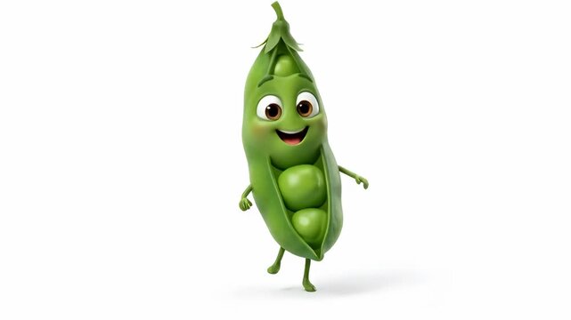 Adorable green peas character dancing playfully with a cute wink and a smiling face, 3D cartoon style on white background, perfect for fun vegetable animations.