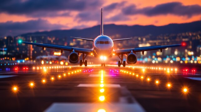 Aircraft Approaching Runway with Illuminated Lights at Dusk in Modern Airport Setting