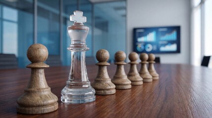 Strategic Leadership: Glass Chess King and Wooden Pawns in Office