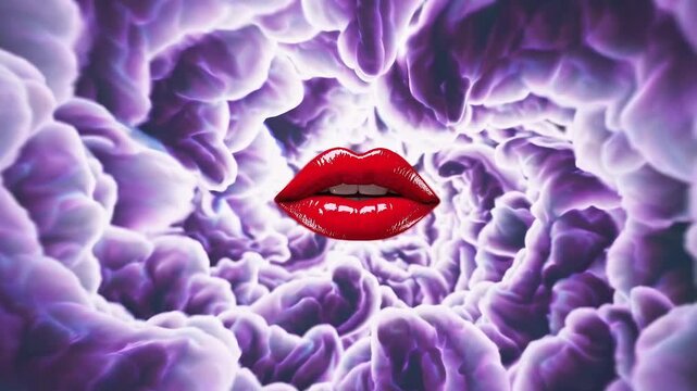Red lips stand out in a colorful graphic design with cloud-like shapes from various angles
