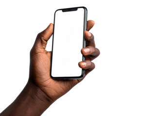 Dark-skinned hand holding a modern smartphone with a blank white screen, presented in a close-up, slightly angled view, highlighting contemporary mobile technology