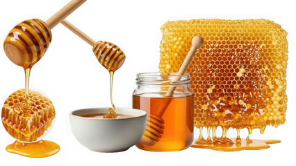 Honey and honeycomb display isolated on transparent background