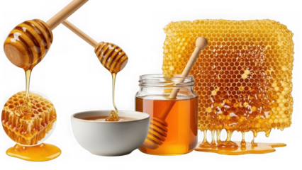 Honey and honeycomb display isolated on transparent background