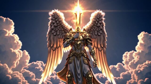 Angel stands with sword raised in bright light above clouds in the sky during a dramatic moment