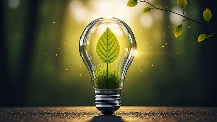 Light Bulb with Green Leaf and Grass on Wooden Surface in Forest Setting