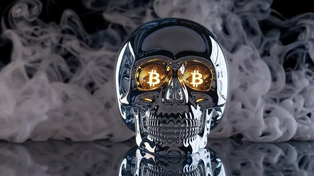Shiny skull with bitcoin symbols glowing inside and smoke around in a dark setting