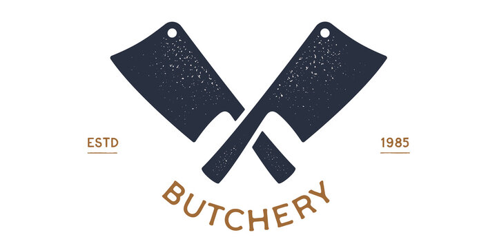 Butcher Knife. Butchery symbol, icon logo, sign signage. Silhouette two butcher knives. Cleaver Knife. Template sign knife, shop market, butchery design, tag label, banner sticker. Vector Illustration