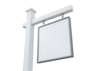 Blank White Square Real Estate Sign Post Isolated on White Background. Hanging For Sale Board Mockup.