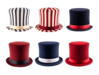 Six colorful patriotic top hats in red, white, and blue with striped felt and solid velvet textures are arranged in a collection for national holidays and festive events