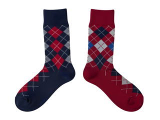Classic Argyle Socks Pair Isolated. Blue and Red Geometric Diamond Pattern Hosiery.