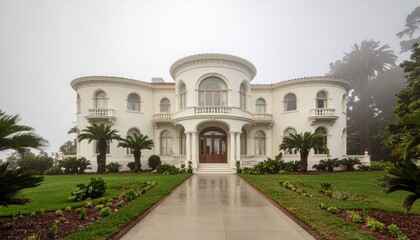 Obraz premium Grand White Mansion with Lush Green Lawn and Palm Trees on a Foggy Day.