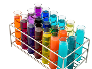 Test Tubes with Colorful Liquid in Rack. Laboratory Glassware with Rainbow Chemicals Isolated.