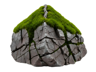 Grey Stone Rock Covered with Green Moss Isolated on White Background. Natural Forest Element.