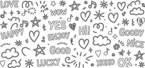 Obraz premium Set of Hand Drawn Doodle Icons with Positive Words Hearts Stars and Music Notes