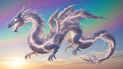 Powerful white horse running through a night sky illustration featuring a fantasy dragon silhouette and ancient mythology symbol in a black vector art design