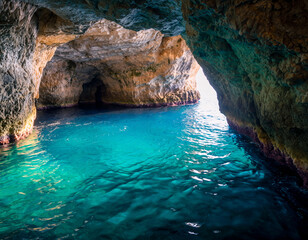 Naklejka premium Sea cave with turquoise light filtering through water, perfect for exotic and highly-sellable travel imagery.
