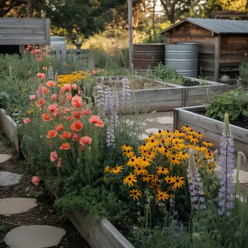 Colorful flowers blooming along a garden path in a sunny natural landscape