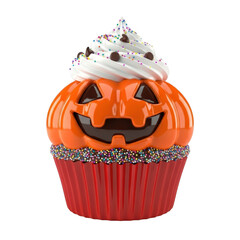 3d rendered halloween-themed cupcake with jack-o-lantern design isolated on transparent background