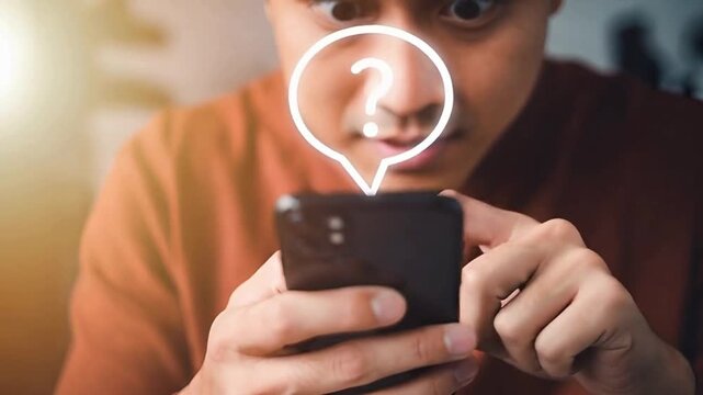 A Man grappling with technology, symbolised by a digital question mark rising above his device, personifying the human struggle with modern technology. 