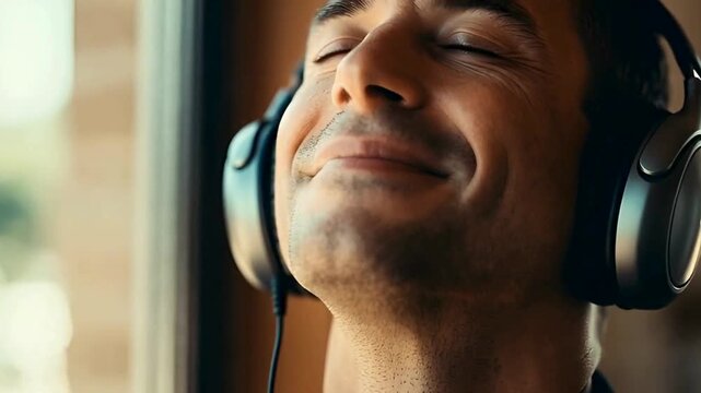 A man closes his eyes, immersed in music. Enjoying the beats and melodies, with wireless headphones in place.