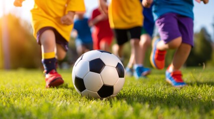 Fototapeta premium Children Engaging in Dynamic Outdoor Soccer Activity on a Sunny Day