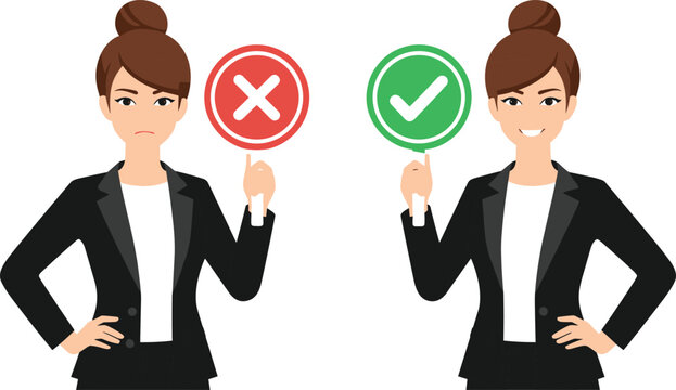 Cartoon businesswoman showing correct and incorrect signs with happy and displeased expressions on white background for decision concepts