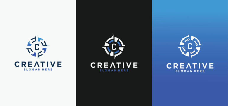 Compass logo design set, compass alphabet technology logo.