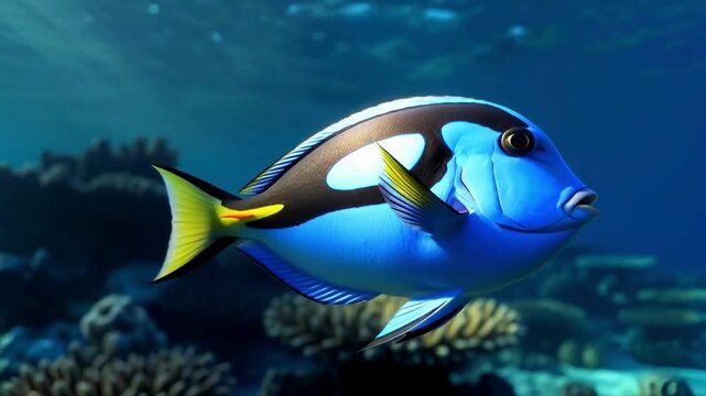 An image of vibrant and captivating tropical fish swimming gracefully in the depths of the ocean. The underwater scene is bustling with life, featuring a colorful coral reef.