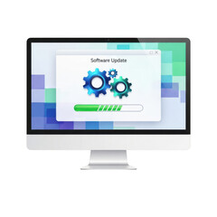 Computer screen displaying gears and loading bar isolated on transparent background