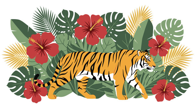 Illustration of a tiger walking through dense tropical jungle foliage with red hibiscus flowers.