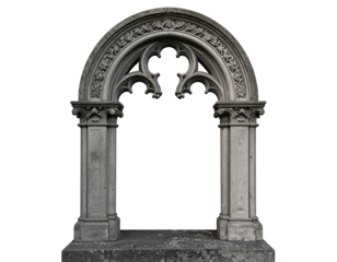 A stone archway with intricate carvings stands against a black background Transparent PNG