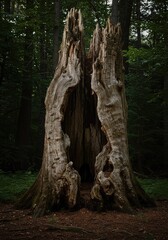A striking view of an ancient, weathered tree trunk featuring a large, natural hollow cavity in a deep forest setting. Natural decomposition ,forest ,outdoor ,home