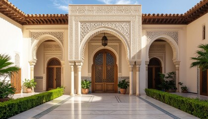 Obraz premium Grand Entrance of a Traditional Moroccan Riad with Intricate Archways and Lush Greenery.