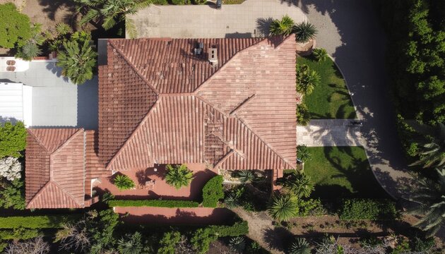 Aerial view of a luxurious Mediterranean-style villa with a terracotta tile roof surrounded by lush green gardens and palm trees on a sunny day.