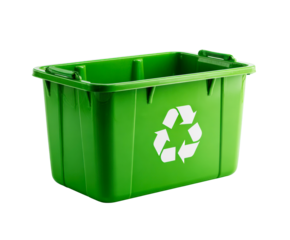 Clean green plastic recycling container with a white chasing arrows symbol for sorting waste, shown empty and ready for use in a studio setting