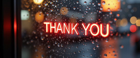 Red neon 'Thank You' sign illuminated behind raindrop-covered window for International Thank You Day  