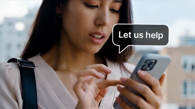 A woman&rsquo;s focused attention on her smartphone and the words Let us help. Capturing her expression of concern and determination.