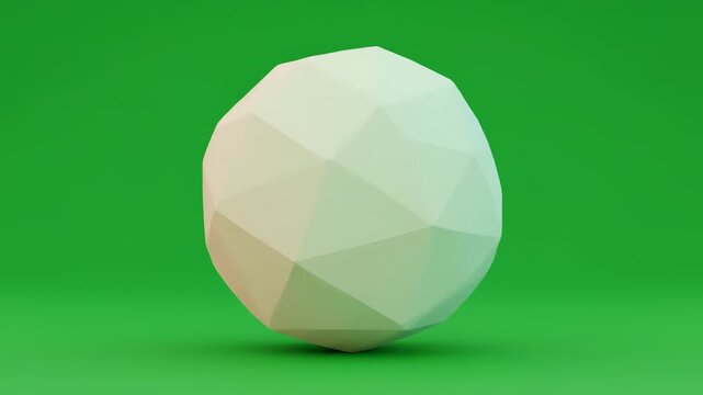 A 3D geometric sphere with polygonal facets rotating on a green background, viewed from a moderate distance