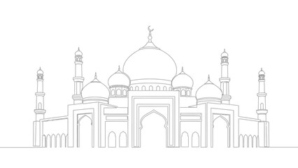 line drawing of a mosque with domes and minarets © Azizi