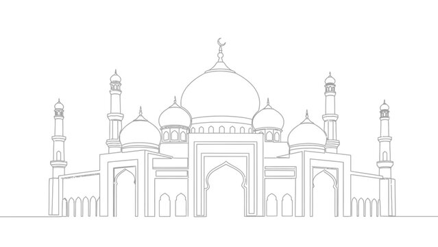 line drawing of a mosque with domes and minarets