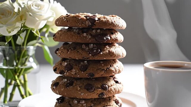 A stack of chocolate chip cookies on a white plate next to a steaming cup of coffee and a vase of white flowers.