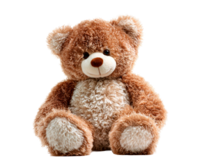 Fluffy brown and beige teddy bear with soft shaggy fur and button eyes is sitting upright and looking forward with a gentle, friendly smile