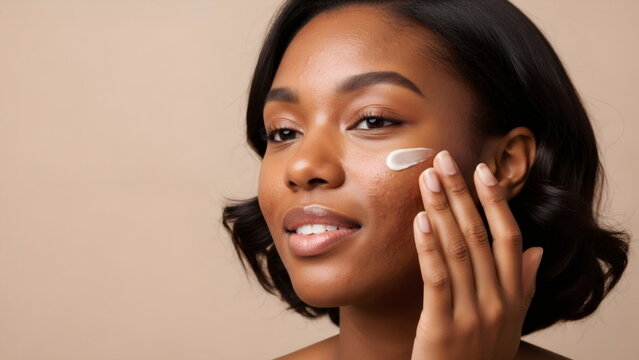 An African American woman is applying face cream to her problem skin with acne. Daily skincare and cosmetic procedures. Skin care, cosmetics, and moisturizing. On a beige background.