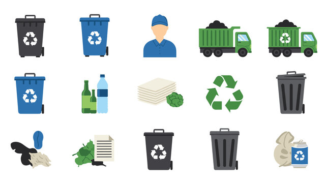 Waste management and recycling icons featuring separate bins, garbage trucks, glass bottles, paper stacks, and recycling symbols for ecology.