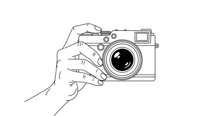 Hand Holding Retro Camera, Minimalist Line Art Illustration