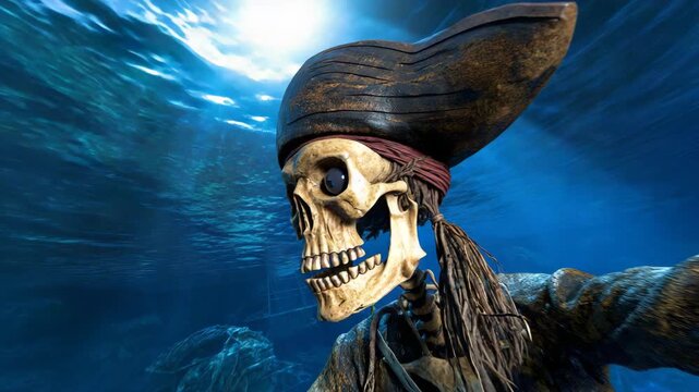 Skeleton with pirate hat takes a selfie underwater in deep ocean
