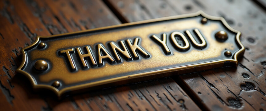 Bronze "Thank You" plaque resting on wooden surface for International Thank You Day   - Powered by Adobe